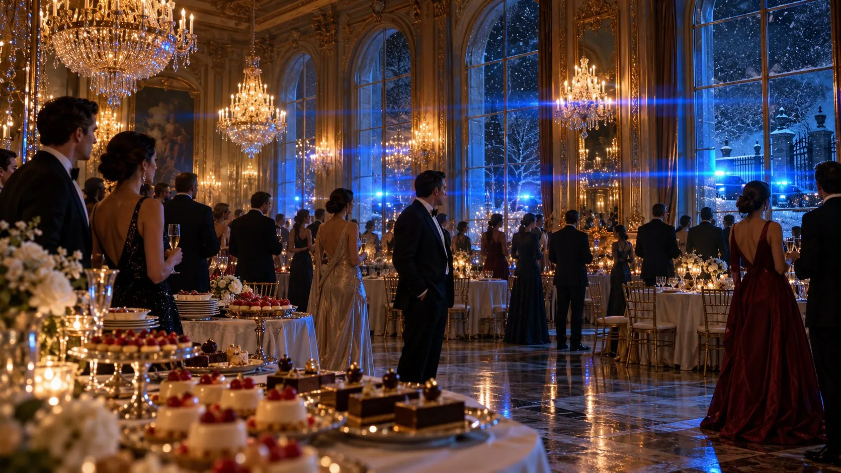 Le palace de l'institut fictif, de nuit, sous une lumière bleue